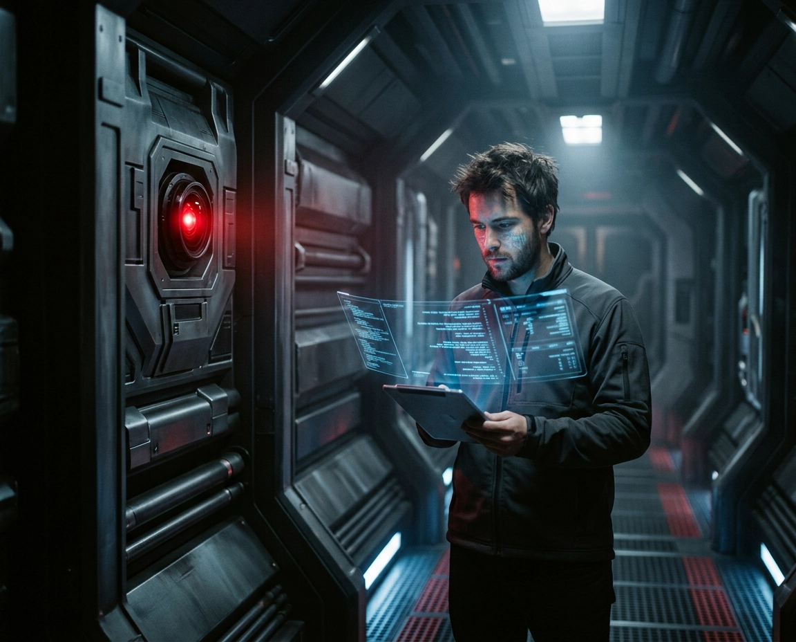 Uzay gemisi koridorunda HAL 9000 benzeri kırmızı gözlü yapay zekayı tablet ve holografik ekranla inceleyen mühendis illüstrasyonu