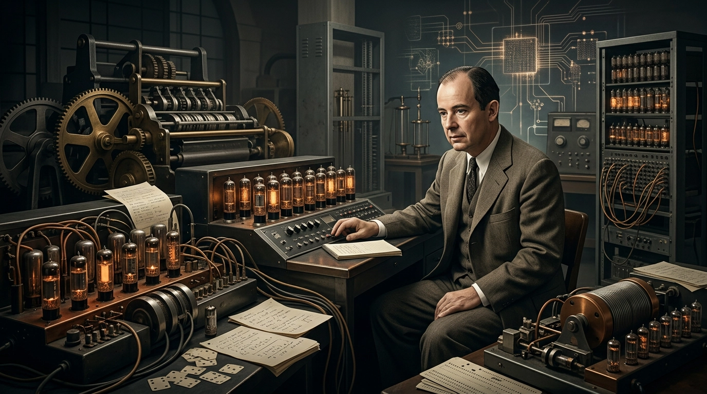 John von Neumann’ın erken dönem bilgisayar ve elektronik hesaplama çalışmalarını simgeleyen, vakum tüpleri ve mekanik hesaplama makineleriyle çevrili laboratuvar sahnesi.