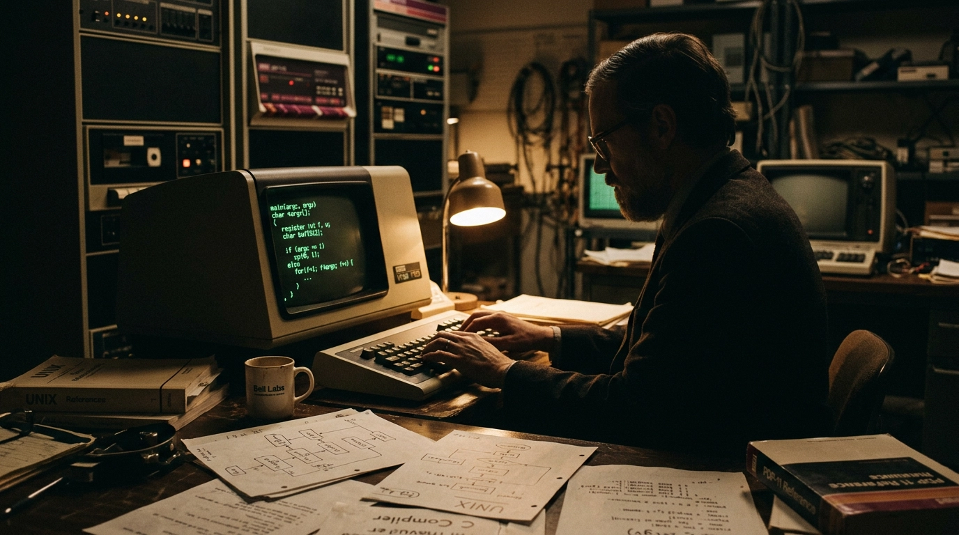 Dennis Ritchie, 1970'lerde Bell Labs'ta PDP-11 terminalinde C programlama dili ve Unix çekirdeği kodu yazarken.